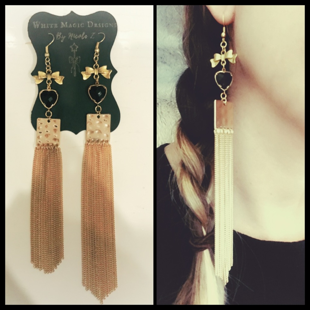 Hi-lo Black Heart Gold Fringe Earrings